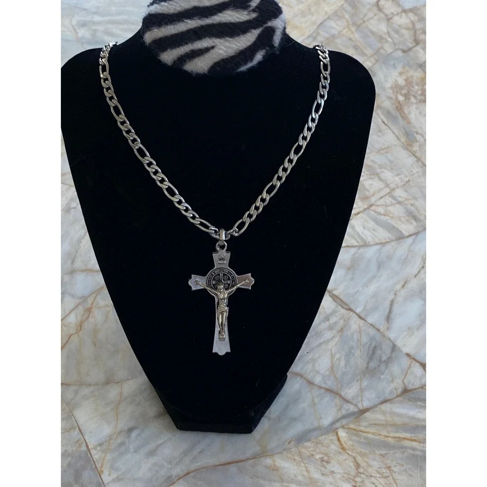 St Benedict Crucifix Pendant Necklace Silver Tone Figaro Chain Religious Cross